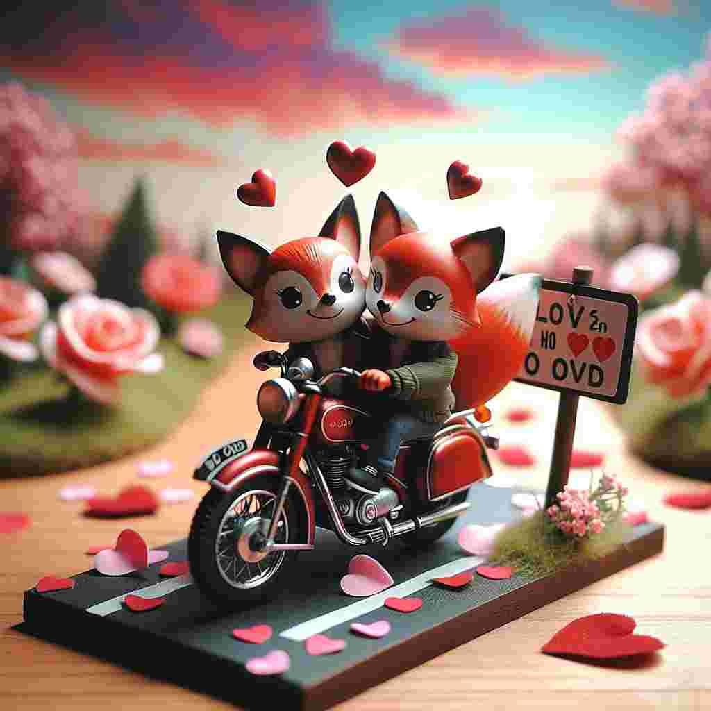 A scene capturing Valentine's Day, presenting a pair of cartoon foxes, deeply in love, on a date. They are shown enjoying themselves on a miniature classic motorcycle, with the unique identifier 'V2 ODD' displayed on the license plate. Symbolic hearts are seen floating above them, indicating their affection for each other. Their journey is on a path scattered with rose petals, providing a romantic setting. The backdrop provides a beautiful contrast, painted with a sky filled with pink and red hearts, reflecting the spirit of celebration.
Generated with these themes: Harley Davidson motorcycles registration V2 ODD.
Made with ❤️ by AI.
