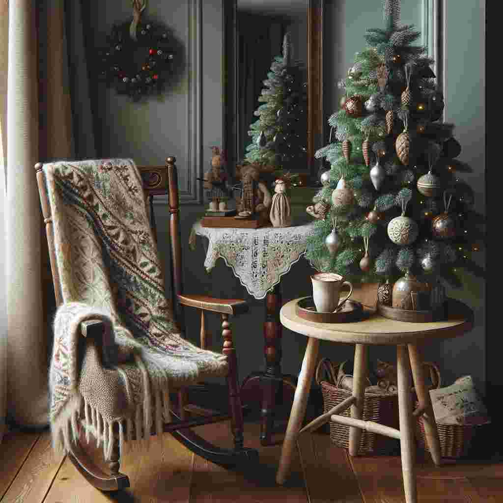 An endearing Christmas nook features a small, lifelike tree set in a corner, decorated with a blend of vintage and new ornaments that hold special memories. The tree stands next to a wooden rocking chair that has a hand-knitted Christmas-themed throw draped over it. The setting is designed for intimate conversations, with a small table nearby holding a hot cocoa tray ready for family members to share stories.
Generated with these themes: christmas, easy communication.
Made with ❤️ by AI.