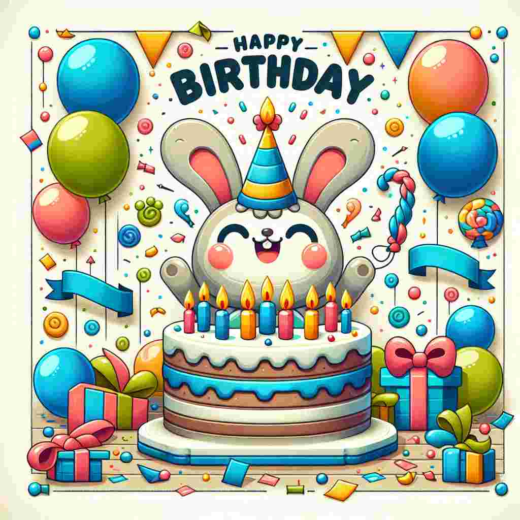A charming illustration featuring a cheerful cartoon animal, like a bunny wearing a party hat surrounded by colorful balloons and confetti. At the center is a large cake with candles, and overlaying the scene in bubbly, playful font is the text 'Happy Birthday'.
Generated with these themes: alternative  .
Made with ❤️ by AI.