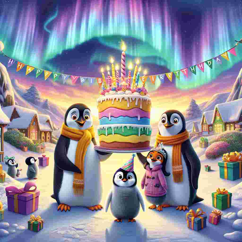 A delightful scene where a family of cartoon penguins is gathered around a large ice-cream cake under a festive banner proclaiming 'Happy Birthday'. Brightly wrapped presents are scattered about, and the northern lights are illuminating the sky above in a magical array of colors.
Generated with these themes: alternative  .
Made with ❤️ by AI.