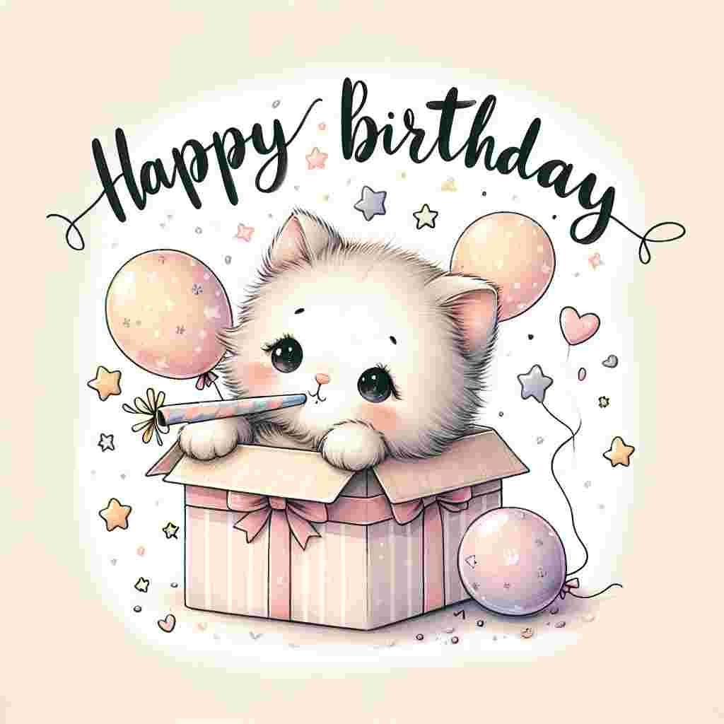 An adorable scene with a pastel color palette showcasing a small kitten snuggled up in a gift box, with a party blower in its mouth. Above it floats the hand-written text 'Happy Birthday', surrounded by stars and heart-shaped balloons.
Generated with these themes: alternative  .
Made with ❤️ by AI.