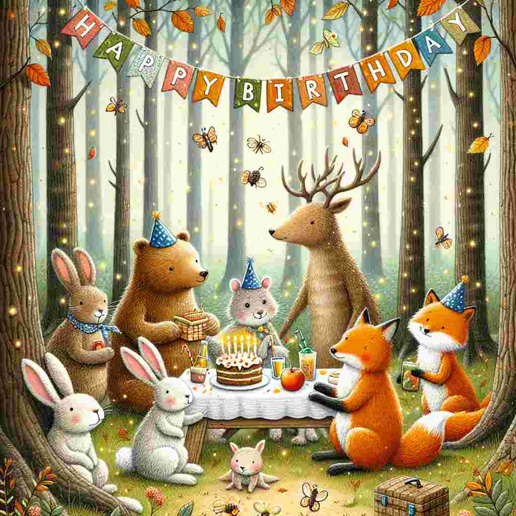 A whimsical drawing depicting a group of cute forest animals having a picnic with birthday hats on. In the background, there's a banner strung between trees saying 'Happy Birthday' amidst a shower of falling leaves and little fireflies lighting the scene.
Generated with these themes: alternative  .
Made with ❤️ by AI.