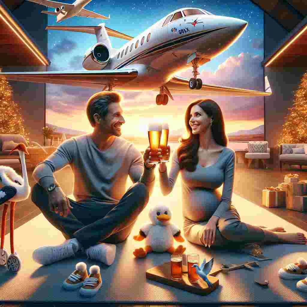 In a scene filled with warmth and joy, a celebration is taking place in honor of a newborn. The charming backdrop is illuminated with a realistically rendered mural illustrating a luxury private jet, a Falcon 900Lx, and a stork, playfully pointing to the recent arrival of the baby. The proud parents, a Caucasian man and a Hispanic woman, raise their glasses filled with non-alcoholic beer, a nod toward the wholesome and festive atmosphere. Lying around the area are plush toy planes and cute baby booties, each bearing the symbol of the Royal Airforce, insinuating the high-flying dreams that might await the infant in its future.
Generated with these themes: Beer, Falcon 900Lx, Babies , and Royal airforce .
Made with ❤️ by AI.