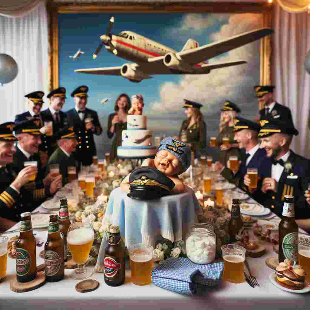 In this reimagined cute, realistic celebration for a new arrival, the decor is inspired by flight and festivity. A charming, detailed painting of a fictional jet enhances the venue's ambiance, epitomizing aspirations of freedom and exploration for the infant's future. Guests, dressed in ensemble that subtly evoke traditional pilot uniforms, relish an assortment of artisanal non-alcoholic beers. Surrounded by laughter and soft lullabies, a centerpiece featuring miniature infants snuggled in pilot caps encapsulates the essence of fresh life and upcoming adventures, aesthetically fusing the realms of aviation and infancy in delightful harmony.
Generated with these themes: Beer, Falcon 900Lx, Babies , and Royal airforce .
Made with ❤️ by AI.