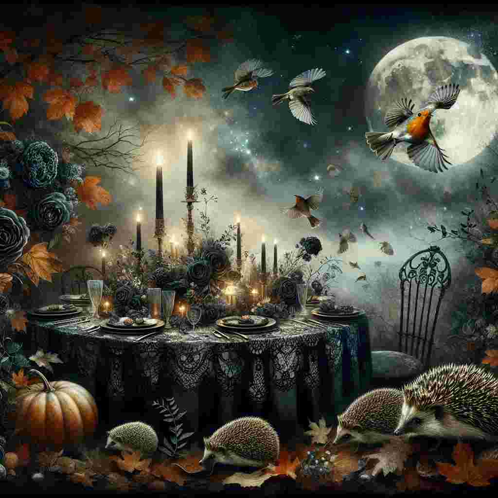 Depict an autumn night, endowed with the soft glow of moonlight. Robins are singing harmoniously against the celestial notes of a mystery band playing in the background. The setting incorporates Gothic elements, with intricate black lace ornamenting the tables and dark floral arrangements defining the ambiance. Hedgehogs are seen wandering around, their sharp quills camouflaging with the fallen autumn leaves. The air is crisp, carrying a hint of nature's whisper, setting the scene for a thrilling yet realistic birthday celebration under the starry sky.
Generated with these themes: Robins, Florence and the machine, The moon, Gothic, Nighttime , Hedgehogs , Autumn, and Nature.
Made with ❤️ by AI.