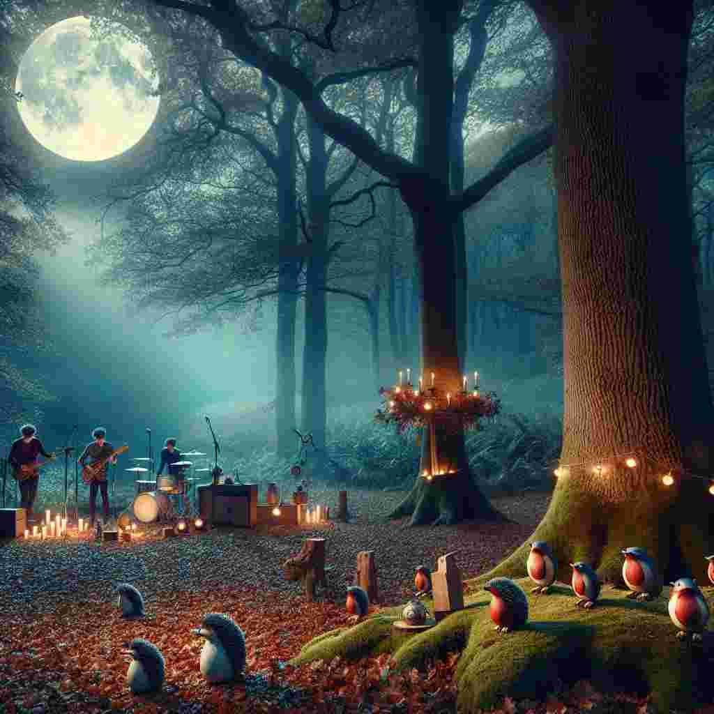 In a picturesque forest clearing, the glow of a full moon blankets the landscape with a silvery light, creating the backdrop for an enchanting yet cheerful birthday party with a gothic style. The ethereal melodies of an indie rock band echo softly through the woodland, blending with the gentle whispers of creatures in the night. Autumn leaves provide a carpet underfoot, upon which playful hedgehogs scurry amongst. A mighty oak tree, standing as the focal point, has been decorated with delightful little wooden figures resembling robins, their painted red breasts providing a vibrant contrast to the muted colors of the evening. The tranquility of nature wraps around this outdoor celebration, crafting a realistic and peaceful birthday atmosphere.
Generated with these themes: Robins, Florence and the machine, The moon, Gothic, Nighttime , Hedgehogs , Autumn, and Nature.
Made with ❤️ by AI.