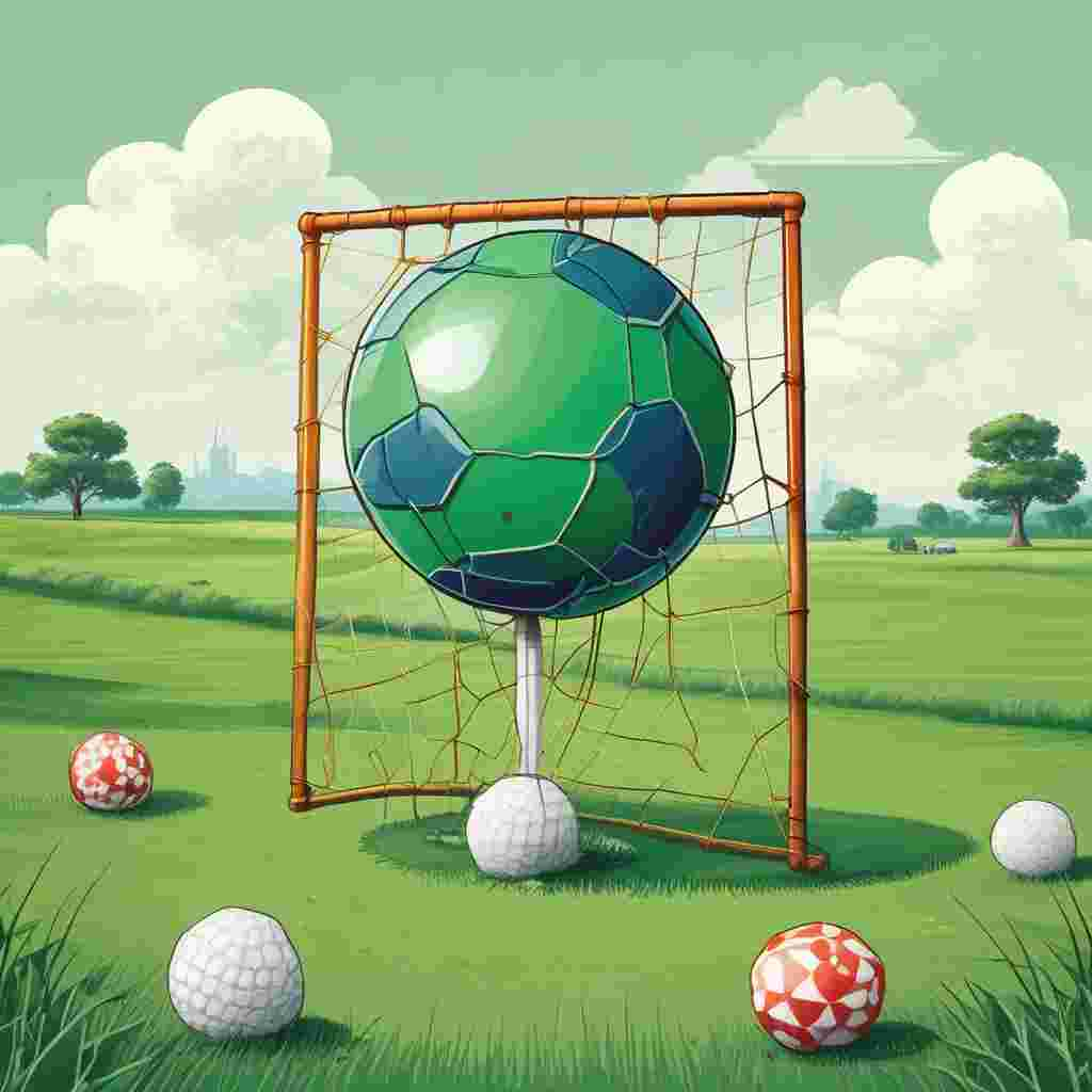 Illustration Funny, Create a whimsical illustration celebrating Father's Day, set on a vibrant green field that combines elements of golf and soccer. At one end of the field, there is a football goalpost with a comically large golf ball positioned as a soccer ball, ready for a penalty kick. The net of the goalpost is cleverly fashioned from oversized biscuits, hinting at a father's favorite snack. Scattered across the field are various food items, such as fruits and donuts, playfully substituting for typical sports equipment like cones and flags, creating a delightful twist to the traditional Father's Day scene.
Generated with these themes: Golf, Soccer, Biscuits, and Food.
Made with ❤️ by AI.