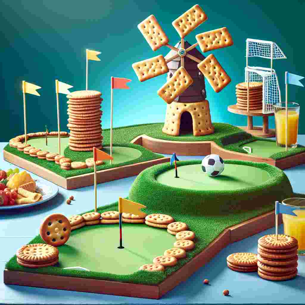 Create an image of a playful, miniature golf course setting, a unique tribute to Father's Day. Each golf hole is creatively designed in the shape of various soccer equipment. In the background, a quirky, biscuit-themed windmill obstacle is happily twirling. The sides of the course are adorned with delightful picnic spreads, with the food items amusingly arranged to resemble mini golf challenges. The flagsticks on the course, topped with biscuits - the dad snack classic - bring forth a humorous and entertaining ambiance, capturing the essence of Father's Day minus the direct depiction of a paternal figure.
Generated with these themes: Golf, Soccer, Biscuits, and Food.
Made with ❤️ by AI.