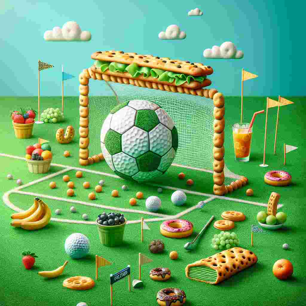 Create a whimsical illustration celebrating Father's Day, set on a vibrant green field that combines elements of golf and soccer. At one end of the field, there is a football goalpost with a comically large golf ball positioned as a soccer ball, ready for a penalty kick. The net of the goalpost is cleverly fashioned from oversized biscuits, hinting at a father's favorite snack. Scattered across the field are various food items, such as fruits and donuts, playfully substituting for typical sports equipment like cones and flags, creating a delightful twist to the traditional Father's Day scene.
Generated with these themes: Golf, Soccer, Biscuits, and Food.
Made with ❤️ by AI.