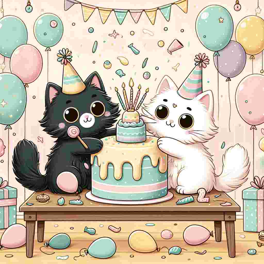 Design a delightful, heartwarming birthday setting illustrated in a charming cartoon style. The primary subjects are cheerful feline characters, both of different descent, one black fur and the other white, characterized by their large expressive eyes. They are immersed in a festive environment filled with falling confetti and donning party hats of different colors. There's a whimsical cake, designed in the shape of a fish, placed on a wooden table, with the animated cats humorously attempting to swipe at the icing. The color scheme is gentle and welcoming, featuring pastel hues, with an array of pastel-colored balloons adding life to the backdrop.
Generated with these themes: Cats.
Made with ❤️ by AI.