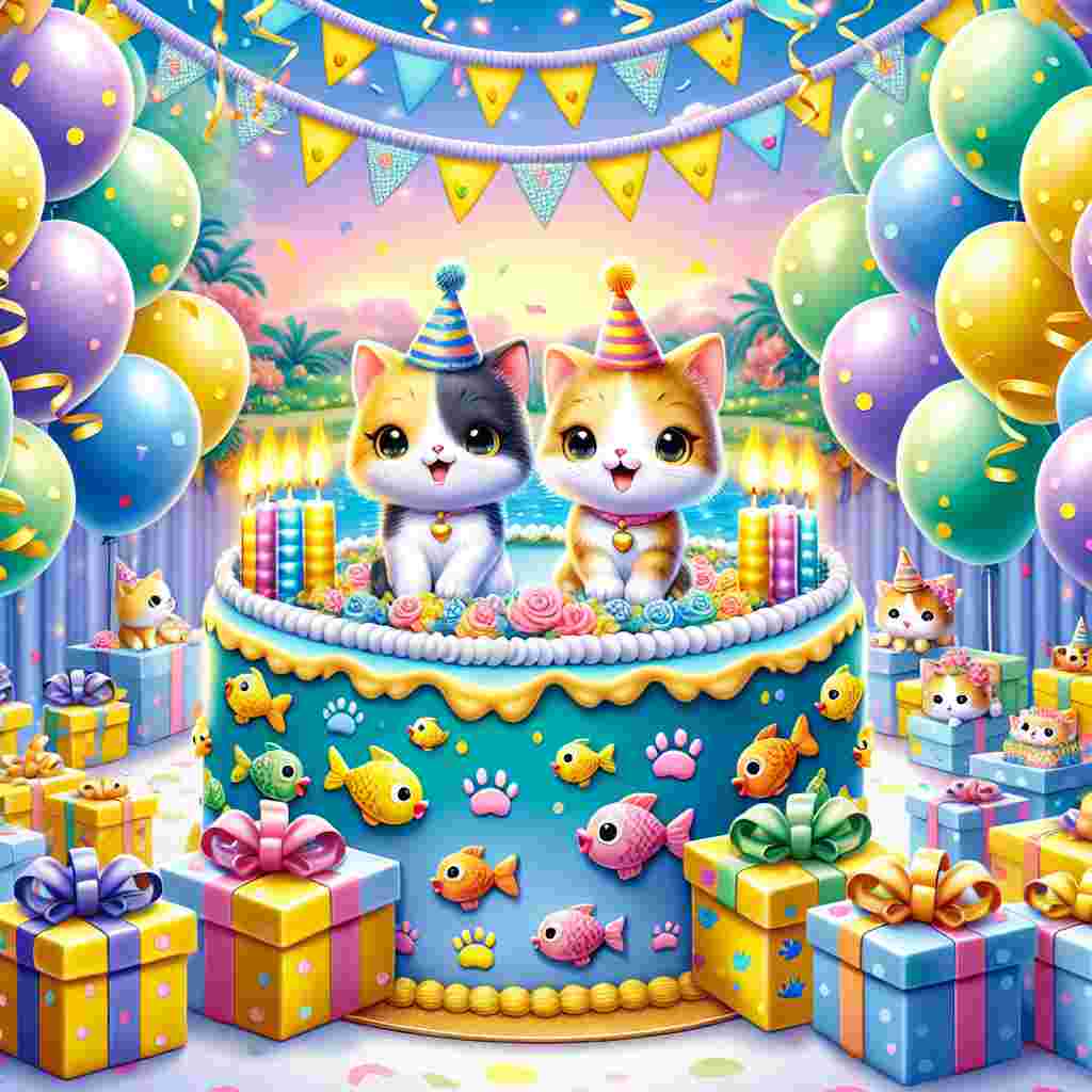 Depict an enchanting birthday party setting with a charming cartoon theme centered around kittens playfully engaging in festivities. These adorable kitties, decked out in miniature party hats, are the stars of this joyous event, frolicking amidst an abundance of presents. The backdrop is adorned with an array of vibrantly colored balloons and streamers, setting a festive mood for the gathering. Dominating the center is a large, aesthetically pleasing birthday cake topped with fish-shaped candles and adorned with paw print icing designs, further emphasizing the kitten theme.
Generated with these themes: Cats.
Made with ❤️ by AI.