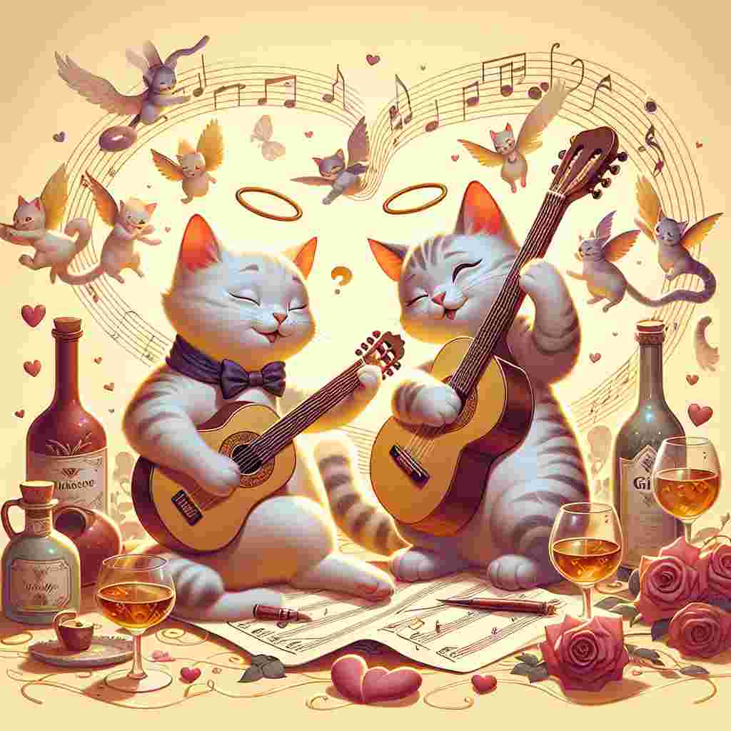 Create a heartfelt Valentine's scene where two enchanting cats are playfully strumming guitars. The melodies their instruments make seem to float through the air like a piece of sweet music. A musical ambiance fills the scene, acting as a rhythmic backdrop for love. The cats each sport a tiny halo, symbolizing the joy brought about by this day of love. The surroundings should be suffused with a creamy butterscotch color, symbolizing shared sweetness, with hints of gin blue offering an animated contrast, encapsulating the essence of this day dedicated to love and affection.
Generated with these themes: Music, guitars, cats, gin, angel delight, butterscotch, .
Made with ❤️ by AI.