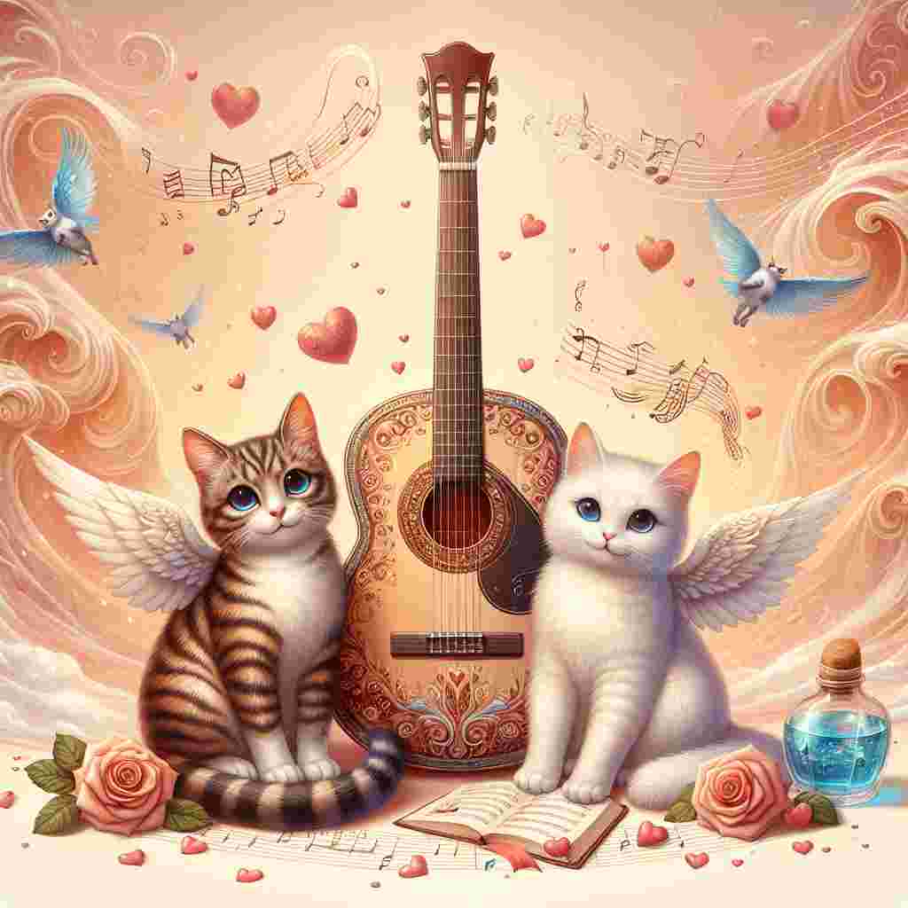 Create an enchanting Valentine's Day image of two guitars at the center, exuding the charm of a romantic ballad, with visible musical notes swirling around them. Have playful cats sporting angel wings dance and play around the guitars, symbolizing friendship and love. The soothing backdrop should swirl like delicious butterscotch Angel Delight, while splashes of blue reminiscent of gin add an element of surprise, akin to unexpected love. This image should encapsulate the essence of a day teeming with affection and whimsicality.
Generated with these themes: Music, guitars, cats, gin, angel delight, butterscotch, .
Made with ❤️ by AI.