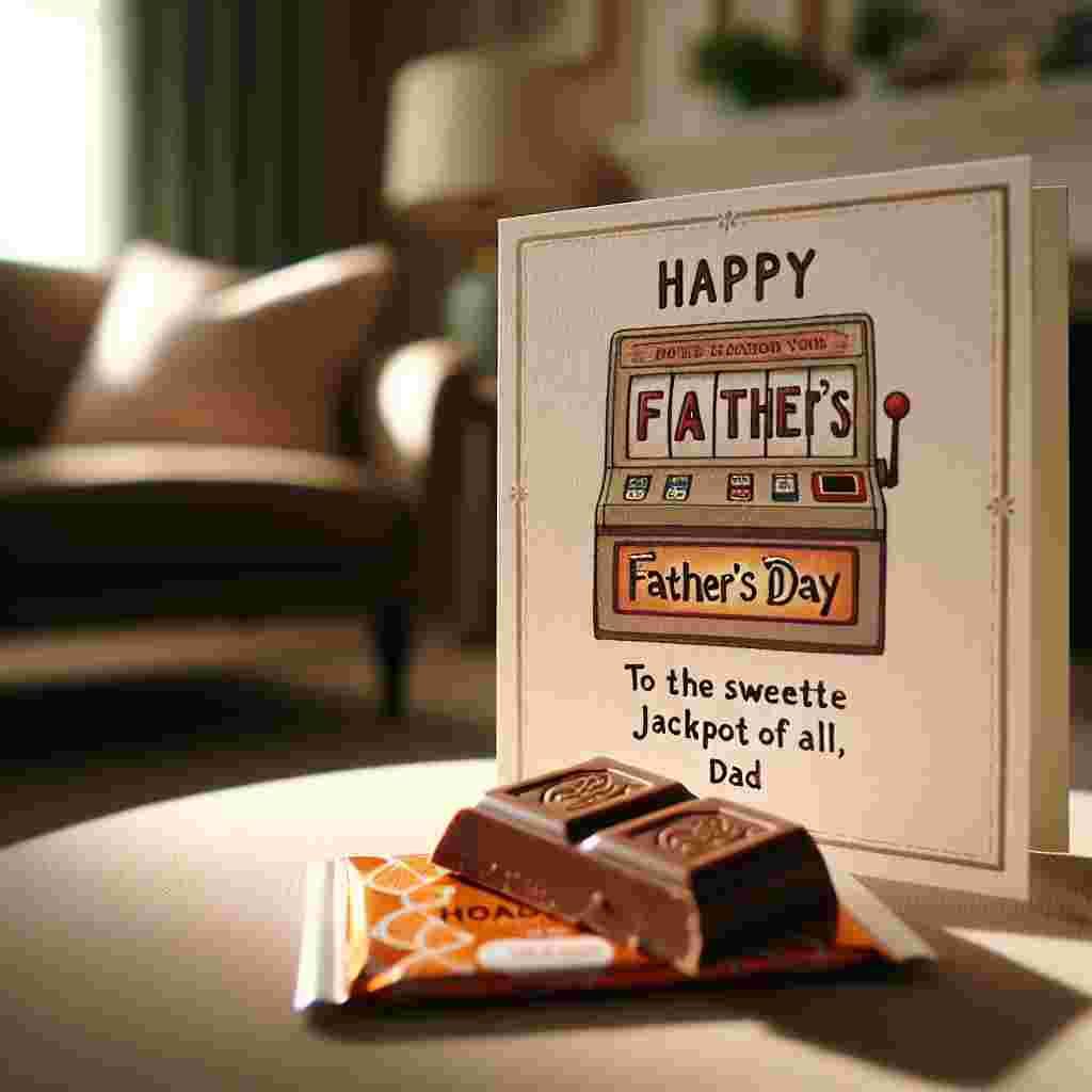 Depict an intimate living room scene focused on a tabletop. At its center, place a lovingly designed Father's Day card that stands out. Its design features playful sketches of slot machines, words of 'Happy Father's Day!' captured in a joyful font. Nearby, let the soft daylight illuminate a bar of orange-flavored chocolate, delectably half-opened, revealing its tempting contents. Accompany it with a tiny, moving note that reads, 'To the sweetest jackpot of all, Dad.'
Generated with these themes: Orange chocolate, and Slot games.
Made with ❤️ by AI.