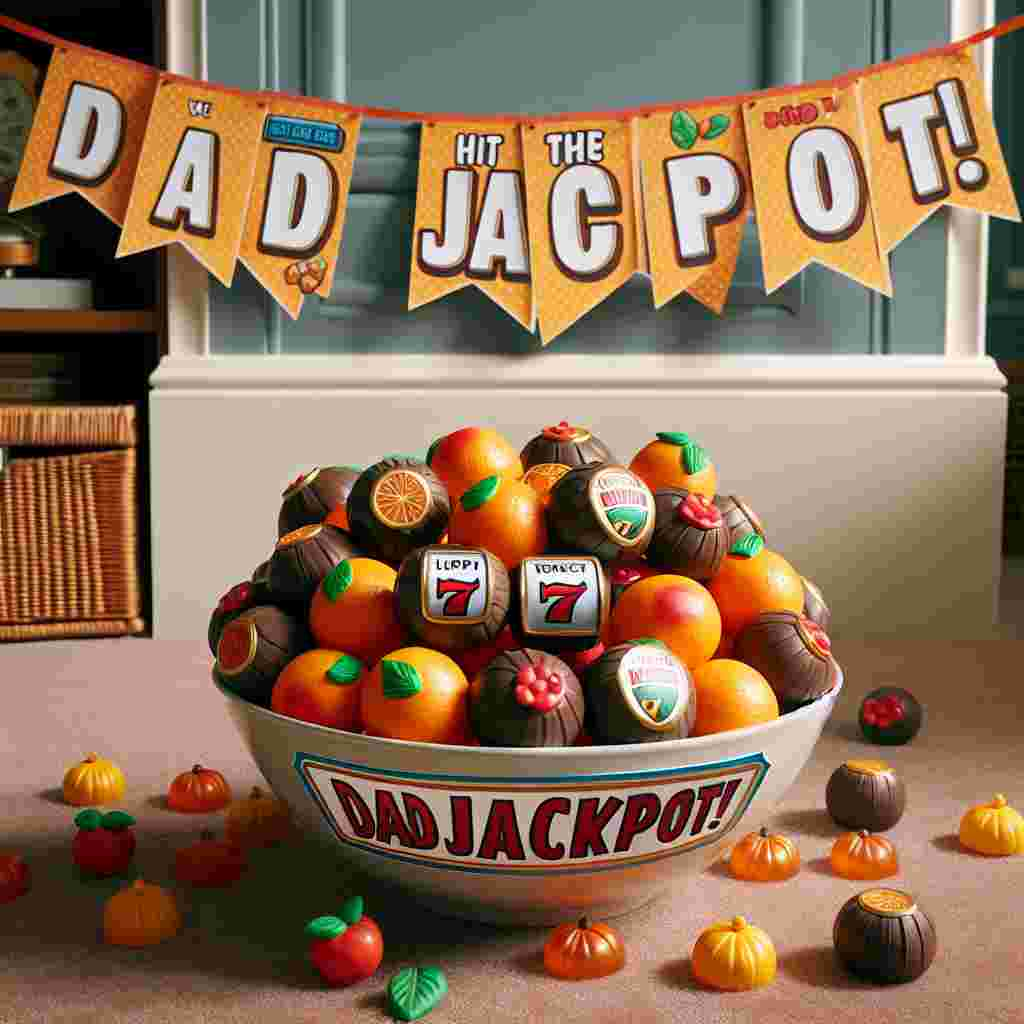 In a cozy corner of a family room, a lively Father's Day banner adds a touch of joy. The banner is emblazoned with adorable slot game icons and the touching message 'We hit the dad jackpot!' Beneath the banner is an appealing bowl overflowing with orange flavored chocolate truffles, each one meticulously shaped to mirror miniature fruits and lucky sevens associated with slot games. They sit there, alluring and waiting to be savored on this extraordinary day designated to celebrate fathers.
Generated with these themes: Orange chocolate, and Slot games.
Made with ❤️ by AI.