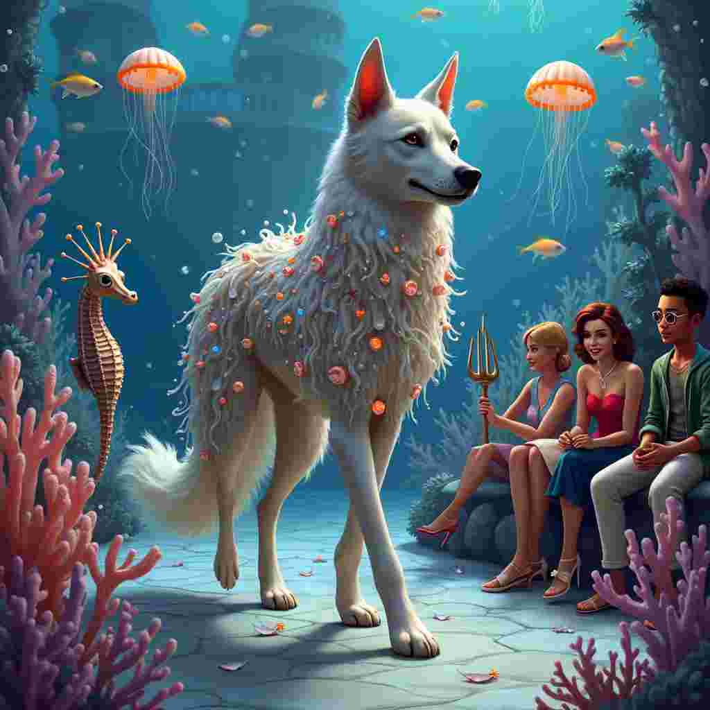 On the front cover of the birthday greeting card, an enchanting scene unfolds under the sea, masterfully blending elements from the Sims, Afghan hounds, fashion, and an underwater world. The backdrop is a fantastical underwater city, reminiscent of Atlantis, with elegant coral towers and luminous jellyfish floating gently. Imagine an aquatic runway at the heart of the city, paved with shimmering pearls and sea glass. 

In the foreground, an Afghan hound with its signature long, silky fur flows majestically through the water, giving an impression of elegant motion. The hound's fur is adorned with tiny seashells and starfish, giving it a regal and whimsical appearance. 

To the right of the Afghan hound, a fashionable Sim character struts confidently down the runway. They are dressed in avant-garde aquatic fashion: a dress made of delicate seaweed that wraps around their body like fine lace, adorned with bioluminescent sea anemones that gently pulse with light. The Sim wears a coral crown and carries a clutch fashioned from a polished conch shell.

Beside them, other Sims cheer from the sidelines, each dressed in their unique underwater-inspired outfits, creating a lively and fashionable audience. One Sim holds a trident decorated with pearls, another has an octopus gently wrapped around their shoulders like a shawl. 

Schools of vibrant fish swim above and around the scene, casting a colorful and dynamic atmosphere, while bubbles of various sizes float up, adding to the underwater ambiance. A giant seahorse, adorned with kelp, stands sentinel-like at the edge of the runway, observing the event with grace.

Every element, from the ornate coral spires to the meticulously detailed sea creatures and the fashion-forward Sims, comes together to create an intricate, visually captivating scene that tells a story of elegance, whimsy, and celebration under the sea.
Generated with these themes: Sims, Afghan hounds, Fashionista, and Underwater worlds.
Made with ❤️ by AI.