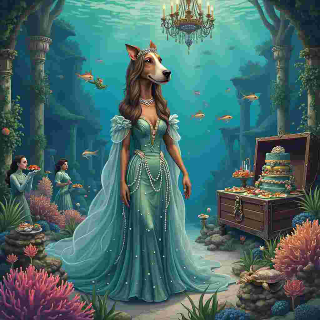 The scene unfolds beneath the azure waves of an enchanted underwater world, where a grand birthday celebration is taking place. At the center of the illustration, a stylishly dressed Afghan hound, draped in a flowing, translucent seaweed gown that echoes the elegance of a 1920s fashionista, stands poised. Her elongated snout and silky fur glisten with iridescent aquatic hues, while a pearl-studded tiara rests gracefully atop her head. Surrounding her, a variety of Sims characters in elaborate, high-fashion underwater attire—think mermaid tails interwoven with avant-garde fashion elements like coral-embellished bodices and jellyfish-inspired capes—are engaged in a jovial birthday party.

In the background, an intricate coral reef acts as a natural ballroom, with vibrant, multicolored coral formations resembling ornate columns and arches. Shoals of fish in synchronized swim formations dart through these coral hallways, acting as whimsical party guests. Nearby, a grand, seaweed-draped chandelier made of bioluminescent algae hangs from a towering kelp stalk, casting a gentle, sparkling light over the scene.

On the left side, a vintage, Norman Rockwell-inspired wooden treasure chest, encrusted with barnacles and coral, sits open, revealing an array of lavish birthday gifts wrapped in shells and tied with kelp ribbons. Among them, an opulent, aquatic-themed cake sits on a pedestal—its layers resembling coral reefs, adorned with edible starfish and seahorses.

Swimming elegantly through this scene is a group of sea turtles, their shells painted with Beardsley-esque intricate patterns, carrying trays of canapés made from ocean delicacies. The delicate ink lines and detailed shading on their shells contrast beautifully with the soft, watercolor-like hues of the oceanic surroundings.

Further back, a giant clam serves as the stage, with a mermaid band playing seaweed instruments, their hair flowing gracefully in the water, inspired by Maurice Sendak's whimsical characterizations. Above them, bioluminescent jellyfish float like delicate lanterns, adding a magical touch reminiscent of Maxfield Parrish's luminous palette.

On the far right, Edward Gorey-inspired creatures—skeletal fish with top hats and monocles—stand in line, each holding a small, quirky birthday gift. Quentin Blake's playful influence is evident in their exaggerated, humorous expressions.

This underwater birthday bash is an intricate tableau, filled with detailed, fantastical elements that merge the themes of Sims, Afghan hounds, fashionista flair, and an enchanting underwater world into a single, captivating narrative.
Generated with these themes: Sims, Afghan hounds, Fashionista, and Underwater worlds.
Made with ❤️ by AI.