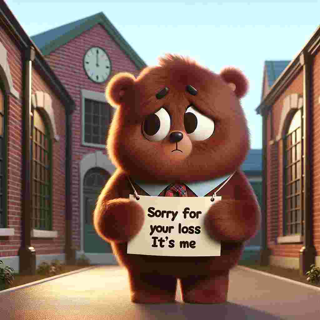 A delightful yet somber cartoon character with a rich fur texture, embodying the essence of sympathy with gentle eyes, stands solemnly outside a brick school building. The character can be of any descent and gender. It's holding a small banner with the heartfelt words, 'Sorry for your loss (it’s me).' This emotional scene serves as a tender metaphor for education's role in guiding us through life's challenging lessons.
Generated with these themes: Sorry for your loss (it’s me), School, and Education.
Made with ❤️ by AI.