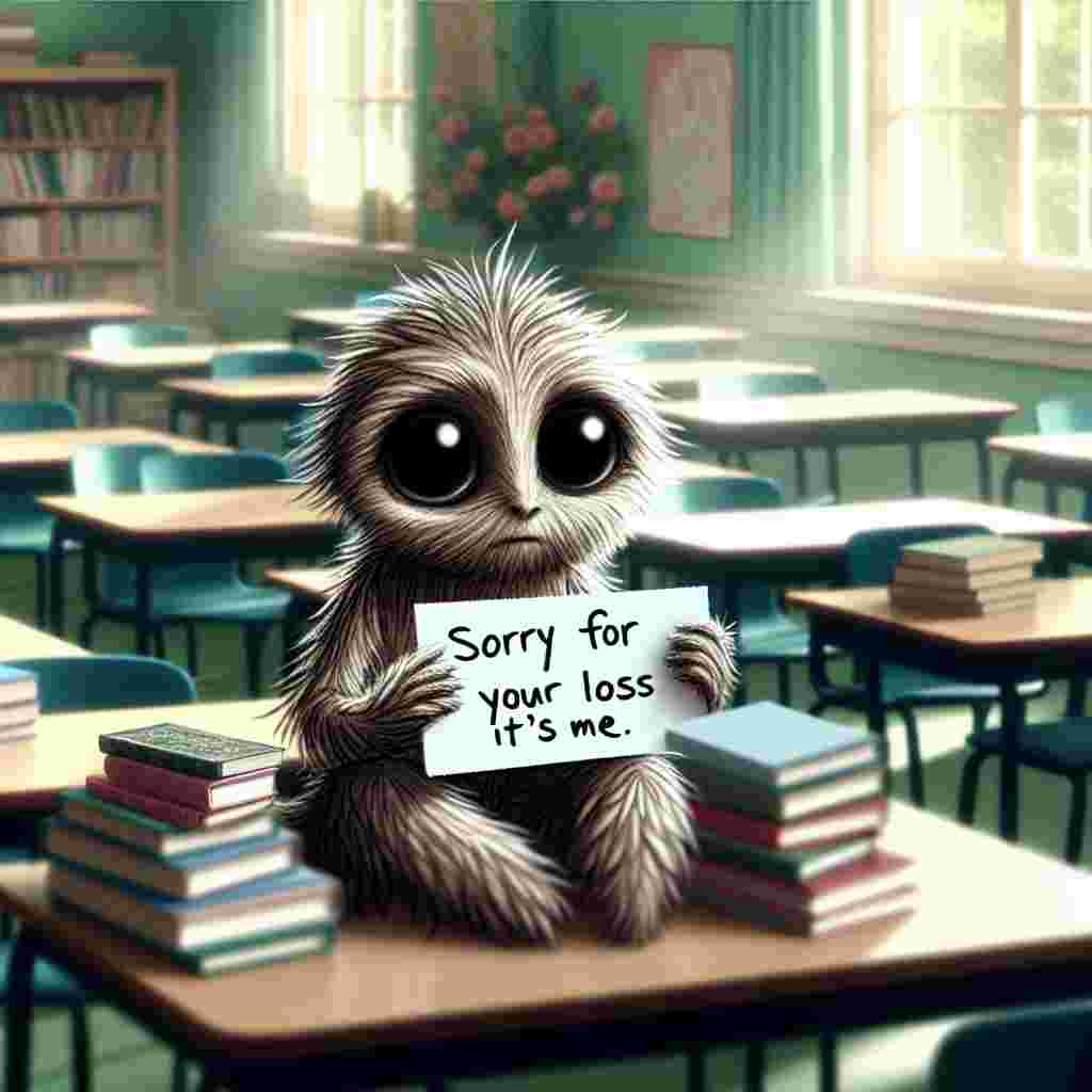 Visualize a tranquil, naturally-lit classroom with an intricately drawn petite, fuzzy creature sitting on a pile of books. The creature has large, expressive eyes that emanate profound empathy. In its upper limb, it holds a gracefully written message: 'Sorry for your loss (it’s me),' subtly offering a potent recognition of sorrow within the educational and scholastic setting.
Generated with these themes: Sorry for your loss (it’s me), School, and Education.
Made with ❤️ by AI.