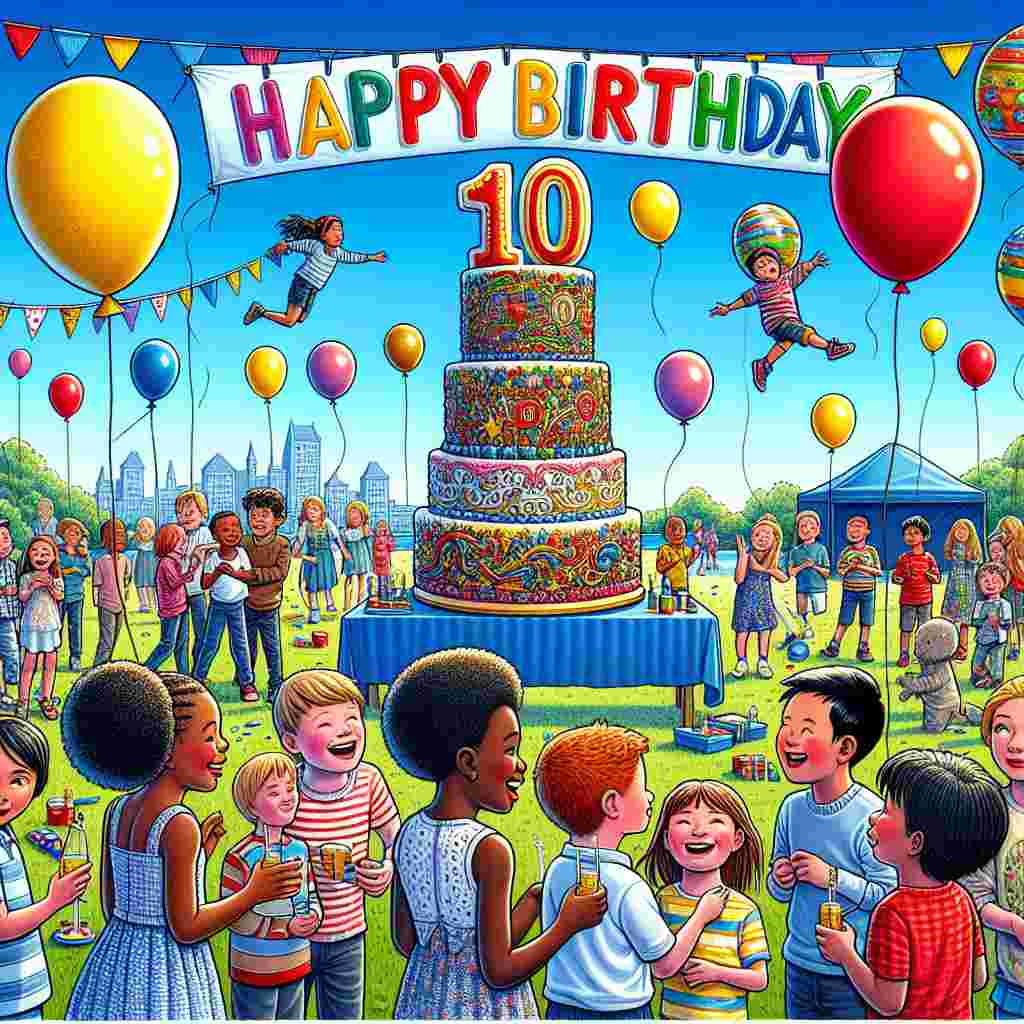 An illustration shows a joyful outdoor birthday party scene with a giant '10' shaped balloon floating above. Children are playing party games and there's a table decked out with a cake adorned with the number '10' on top. Overhead, in colorful letters, the text 'Happy Birthday' stretches across the sky.
Generated with these themes: 10th kids  .
Made with ❤️ by AI.