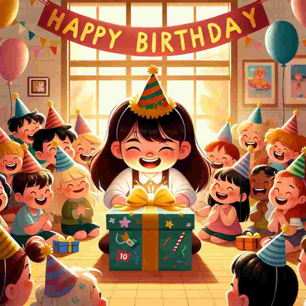 The illustration features a cozy room filled with kids wearing party hats and the birthday child opening a present with a big '10' on the box. A banner across the wall reads 'Happy Birthday' with cute cartoon characters dotting the letters.
Generated with these themes: 10th kids  .
Made with ❤️ by AI.
