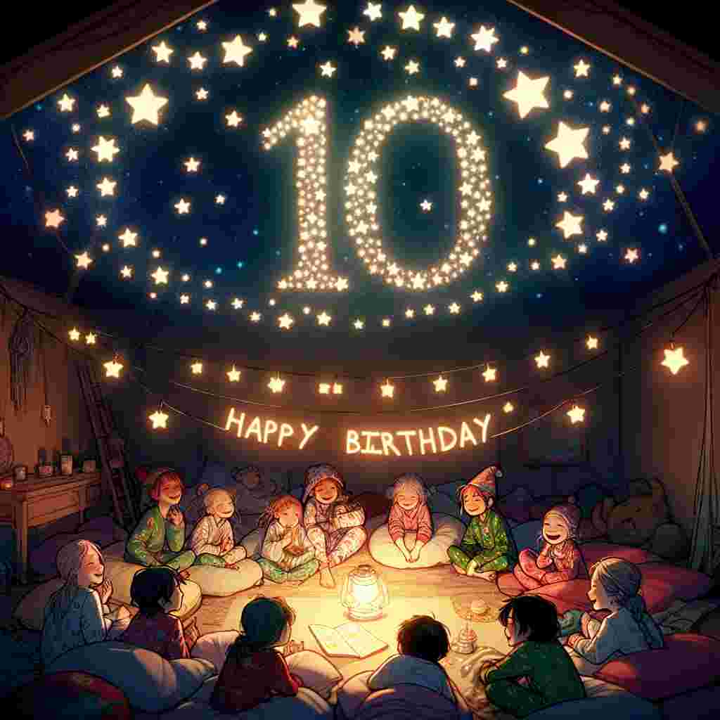 The illustration reveals a magical night with a luminous '10' made of stars in the sky, while down below, kids in pajamas are having a slumber party. Glow in the dark stickers spell out 'Happy Birthday' on the ceiling, as they giggle and whisper stories to each other.
Generated with these themes: 10th kids  .
Made with ❤️ by AI.