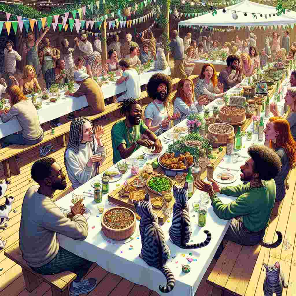 Render an image of an eco-conscious birthday party that has a grounding in realism. The venue is adorned with sustainable decorations and accompanied by cats groomed immaculately, who sporadically chase after pieces of biodegradable confetti. The guests present are primarily black, with both men and women represented, engrossed in intense debates about feminist theory, their fervor adding to the atmosphere. A wide array of vegan dishes is laid out on a table made of reclaimed wood, each one labeled to highlight the celebration of cruelty-free food. Somewhere else in the venue, a group participates in fun races, their cheer and laughter harmonizing with the current soulful music. The ambiance of the party is open and encouraging of in-depth discussions on a range of topics, comfortably embracing the emotional fluctuations such conversations often incite.
Generated with these themes: Cats, Running , Boobs, Vegan food, Feminism, Black people, Drama, and Music.
Made with ❤️ by AI.