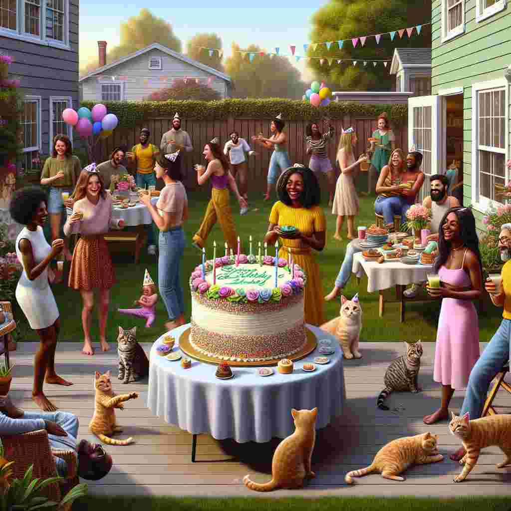 An inviting realistic backyard birthday party scene. In the middle is an aesthetically appetizing vegan cake festooned with soft edible flowers and multihued frosting. Surrounding the cake, a gathering of friends is seen, with the inclusion of jovial black men and women, their laughter enhancing the vibrant aura. Cats, dressed in delightful party hats, are seen scuttering in random play amidst the people. A corner of the yard is occupied by a book club, consisting of individuals of varying ethnic backgrounds, engaging in enlightened discussions about feminist literature while relishing plant-based smoothies. The ambient score is set by the pulsing beats of R&B music, dictating the tempo of the celebration. Conversations about the ups and downs of life are depicted across the party, adding an enriching sense of authentic human connection to the scene.
Generated with these themes: Cats, Running , Boobs, Vegan food, Feminism, Black people, Drama, and Music.
Made with ❤️ by AI.
