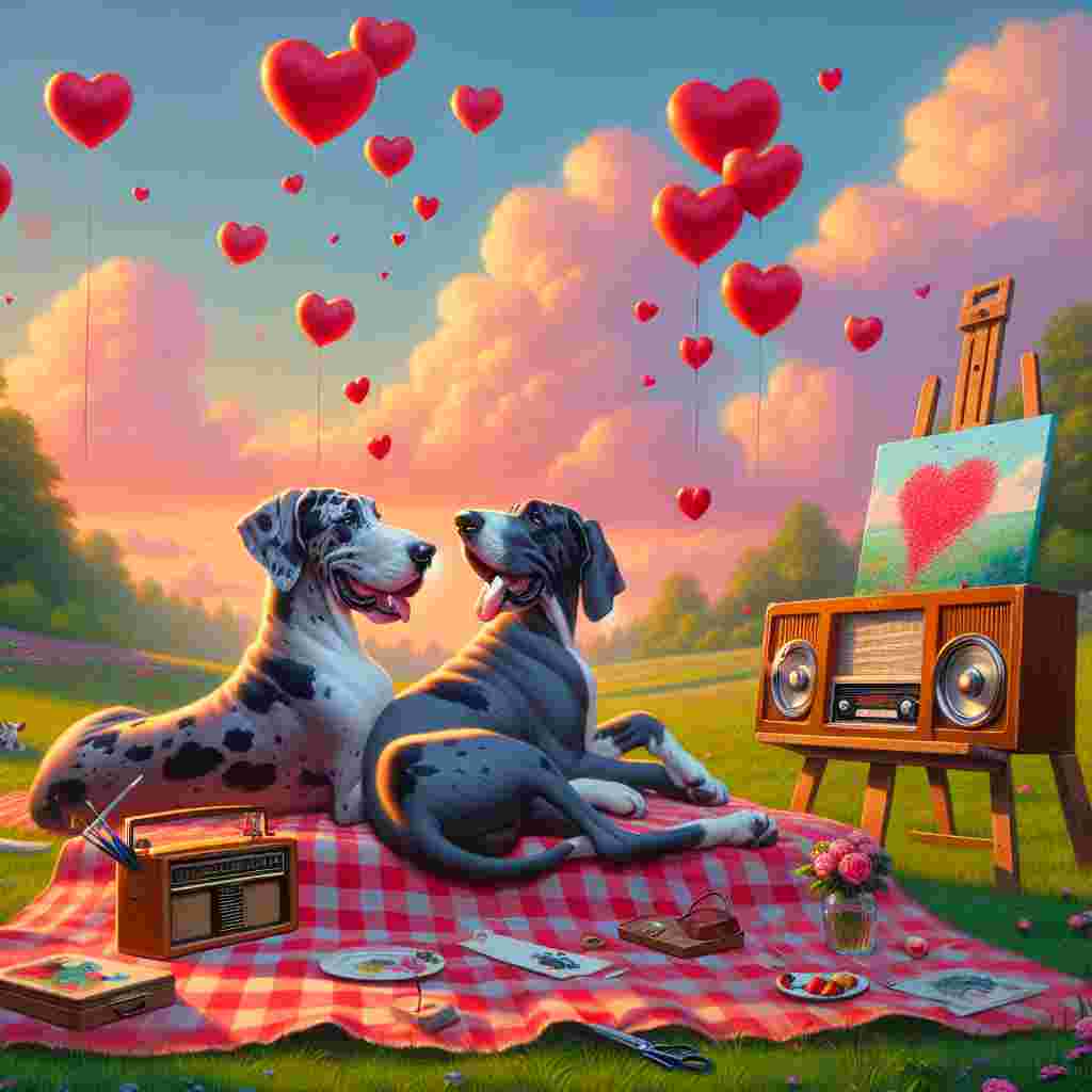 An animated scene unfolds under a warm, pastel-hued sky, capturing a tender Valentine's Day moment. Two enamored Great Dane dogs lay sprawled on a checkered picnic blanket in a lush green meadow. They listen attentively to soft country ballads emanating from a vintage radio placed nearby. The air around the is filled with floating, red heart symbols, reflecting the romantic atmosphere. Near them stands an easel with a whimsical painting, a colorful splash of artwork they've joyously co-created, underlining their shared affection.
Generated with these themes: Great Danes, Country Music, Painting.
Made with ❤️ by AI.