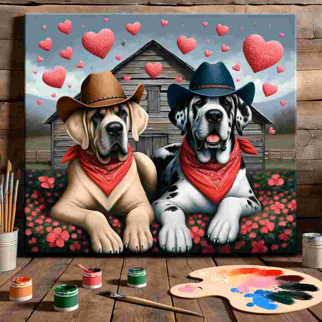 Generate a cozy, cartoon-style scene that portrays Valentine's Day. The central figures are two cherubic Great Danes, each wearing a bandana and a cowboy hat. They're comfortably seated beside each other. The backdrop of the image consists of a rustic barn brilliantly converted into a country music dance hall, and tastefully decorated with red and pink hearts. The canine pair are affectionately looking at a large canvas that is right before them. Their paw prints and brush strokes create an intriguing mix on the canvas, exhibiting various colors in a manner akin to a whirl of colors, narrating the tale of their shared journey in painting.
Generated with these themes: Great Danes, Country Music, Painting.
Made with ❤️ by AI.