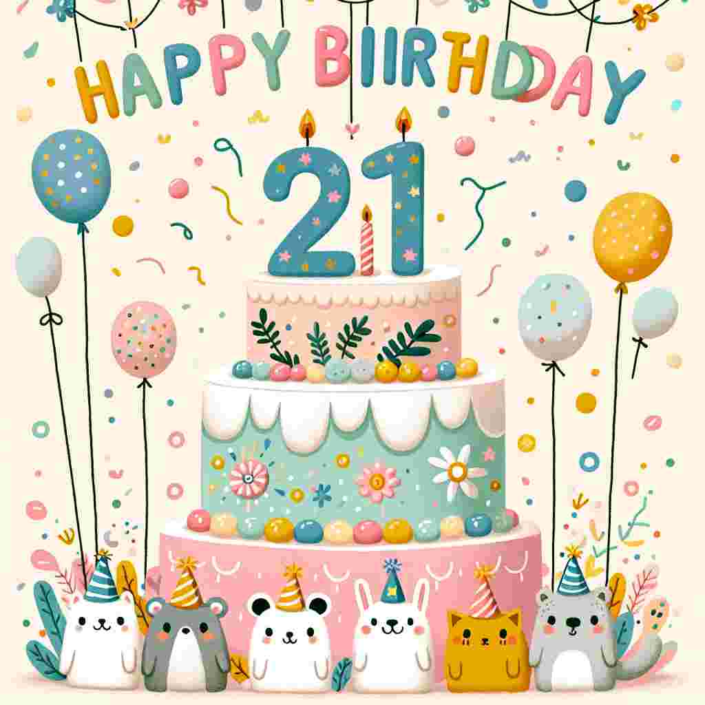 A whimsical drawing of a pastel-colored birthday cake with three layers, each adorned with playful designs and the number '21th' stylishly written on the top. The cake is surrounded by confetti and cute cartoon animals wearing party hats. Above the scene, 'Happy Birthday' is spelled out in balloon letters.
Generated with these themes: 21th  .
Made with ❤️ by AI.