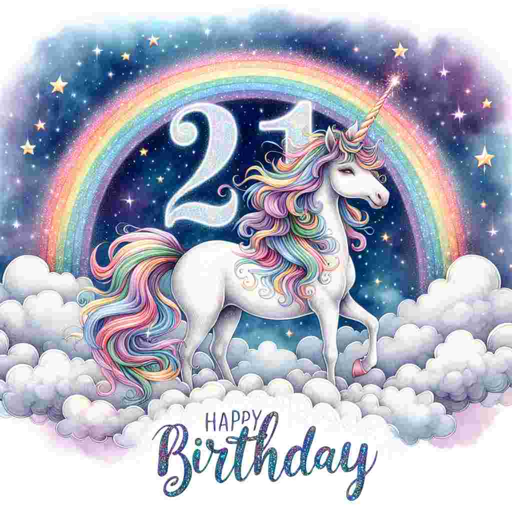 A delightful scene depicting a magical unicorn with a flowing mane, standing beside a rainbow that arches into the number '21th'. Twinkling stars and fluffy clouds fill the background, and above the unicorn, the phrase 'Happy Birthday' glimmers in sparkly, scripted text.
Generated with these themes: 21th  .
Made with ❤️ by AI.