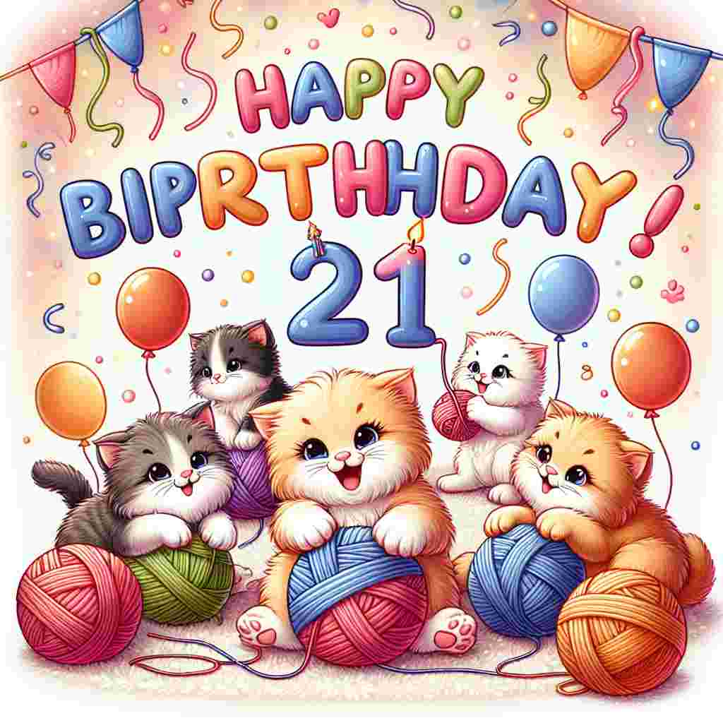 A charming illustration featuring a group of adorable kittens playing with balls of yarn that form the number '21th'. They are on a soft blanket with a festive background of balloons and streamers. Above them floats the cheerful message 'Happy Birthday' in bubbled lettering.
Generated with these themes: 21th  .
Made with ❤️ by AI.