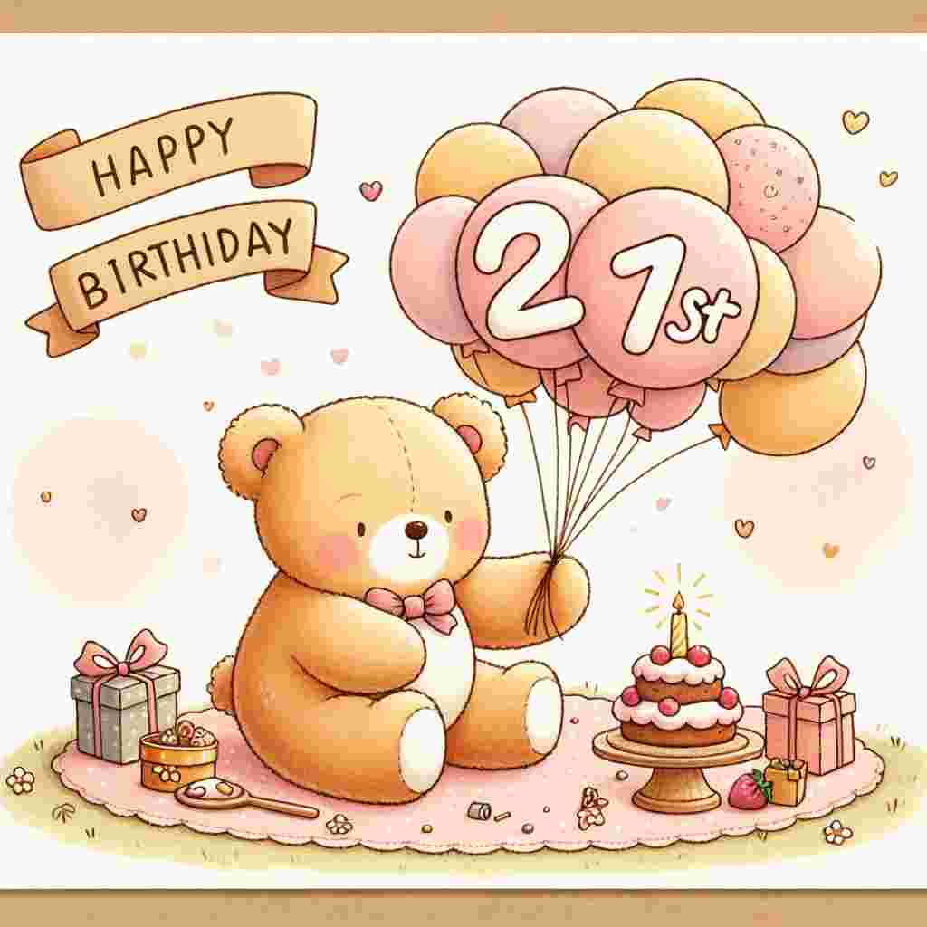 An endearing illustration showcasing a cuddly bear holding a bouquet of balloons, with the balloons shaped into '21th'. The bear is seated at a picnic setup with a small birthday cake and gifts, all under a banner that reads 'Happy Birthday' in a playful font.
Generated with these themes: 21th  .
Made with ❤️ by AI.