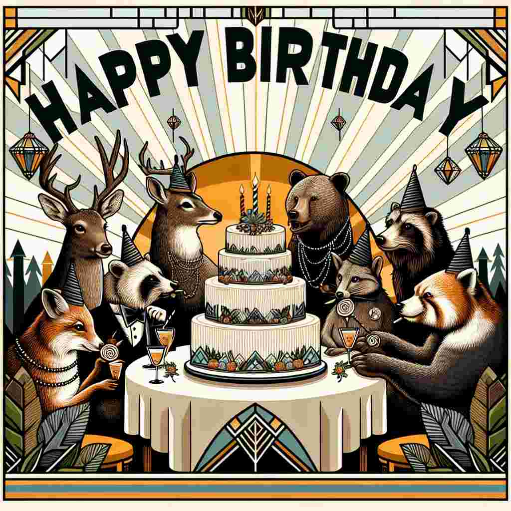 A charming illustration depicting a group of woodland creatures gathered around an art deco-style birthday cake, set against a backdrop of stylized sunbursts and geometric motifs. The animals are donning 1920s attire, with party hats and beaded necklaces, creating a whimsical fusion of the natural and the luxurious. Above them, in elegant, bold serif fonts, the text 'Happy Birthday' is integrated seamlessly into the design.
Generated with these themes: art deco  .
Made with ❤️ by AI.