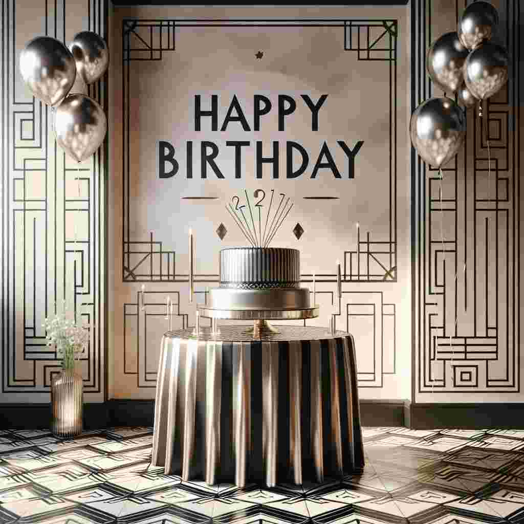 The scene features a quaint room with art deco wallpaper, showcasing sharp lines and elegant curves. In the center, a sleek, gleaming birthday cake stands atop a geometric-patterned tablecloth. Balloons with metallic accents float gently above, while the 'Happy Birthday' message is boldly rendered on the wall in stylized, vintage fonts, complimenting the overall aesthetic.
Generated with these themes: art deco  .
Made with ❤️ by AI.