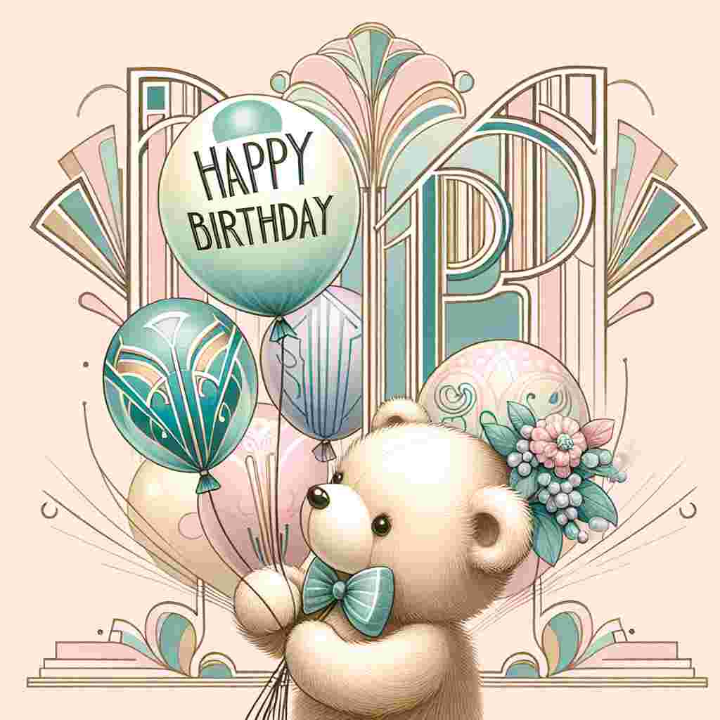 A delightful birthday card illustration that blends the innocence of a pastel-colored teddy bear holding a bouquet of balloons with the sophistication of art deco elements. The balloons are adorned with streamlined designs customary to the era, and the 'Happy Birthday' text is styled with ornate, jazz-age typography that dances across the top of the card.
Generated with these themes: art deco  .
Made with ❤️ by AI.