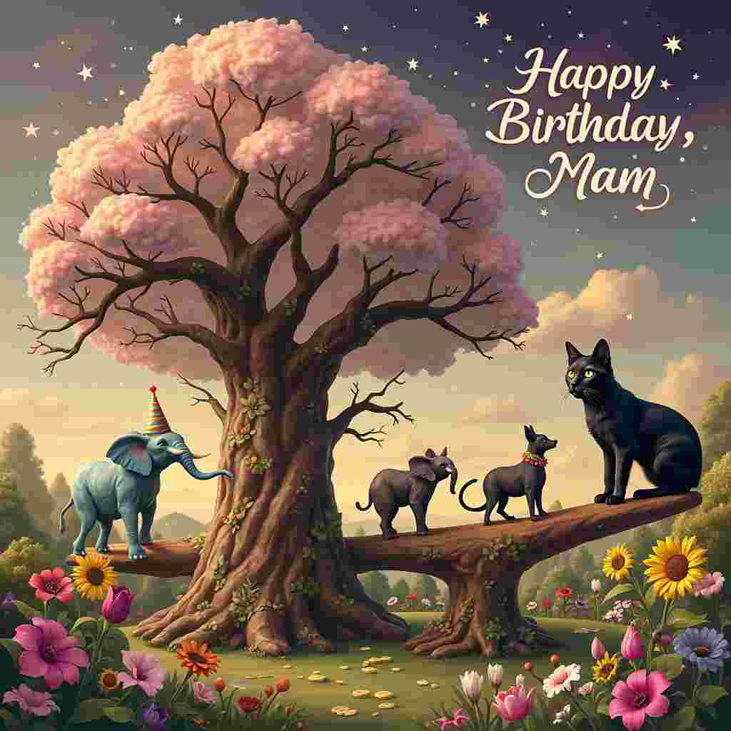 In the surreal birthday scene for "Mam," imagine a whimsical, dreamlike garden bathed in the soft, golden light of a late afternoon. The central focus is an enormous, fantastical birthday cake in the shape of an ancient, majestic tree. The trunk of the tree is a rich chocolate brown, textured like real bark, and the branches are draped with delicate, pink and white icing flowers. 

Perched comfortably on a sturdy branch is a dignified black cat with gleaming green eyes, wearing a tiny party hat adorned with silver stars. Nearby, a Belgian Malinois, fur gleaming in the light, balances on a seesaw made of gigantic, golden-baked potatoes. The potatoes are steaming slightly, with butter melting in picturesque pools on top. 

Beneath the tree, a family of small, vividly colored elephants with patterns of blue, purple, and gold playfully parade around. Each elephant wears a garland of vibrant flowers—roses, daisies, and tulips in a riot of colors—around their necks. 

Above the tree, fluffy clouds spell out "Happy Birthday, Mam!" in a whimsical, loopy font. The sky itself is a soft blend of twilight purples and pinks, with twinkling stars just beginning to appear. In the background, there’s a lush garden filled with oversized, whimsical flowers, like sunflowers the size of parasols and lilies the size of umbrellas, their petals gently swaying in a non-existent breeze.

This enchanting scene captures the surreal and delightful themes, with each element interwoven to create a magical birthday garden just for "Mam."
Generated with these themes: Black cat, Belgian malinois , Baked potatoes , Elephants, and Flowers.
Made with ❤️ by AI.