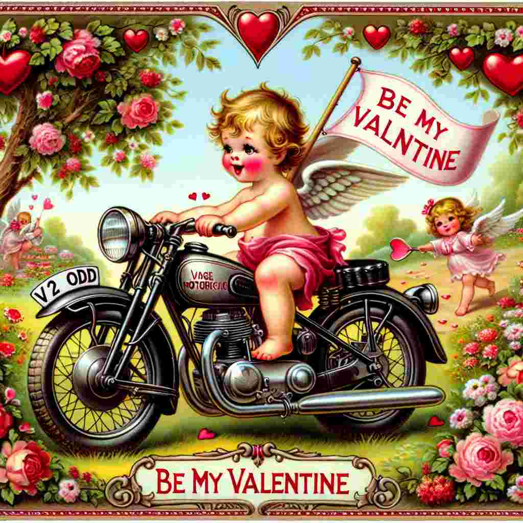 In this delightful Valentine's Day depiction, a playful angelic child enthusiastically rides a vintage motorbike, the inscription V2 ODD clearly displayed on the petite license plate. The motorbike is parked among a field blooming with red and pink flowers, under a tree bearing heart-shaped foliage, as the angelic child hoists a banner that proclaims 'Be My Valentine' overhead. The entire tableau is framed within a romantic heart-shaped border, reinforcing the theme of love.
Generated with these themes: Harley Davidson motorbike registration V2 ODD.
Made with ❤️ by AI.