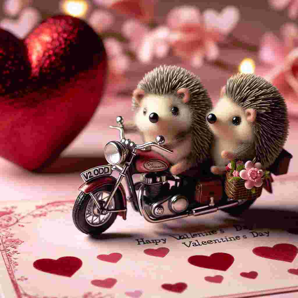A whimsy-filled Valentine's Day scene contains two hedgehogs engaging in a romantic ride together on a miniature motorbike reminiscent of vintage motorcycles. The vehicle carries a conspicuous license plate reading 'V2 ODD'. Our background is a heart-filled landscape bathed in shades of pink and red. Adding a romantic note to the classic motorcycle atmosphere is the bike's decoration of dainty flowers and ribbons.
Generated with these themes: Harley Davidson motorbike registration V2 ODD.
Made with ❤️ by AI.