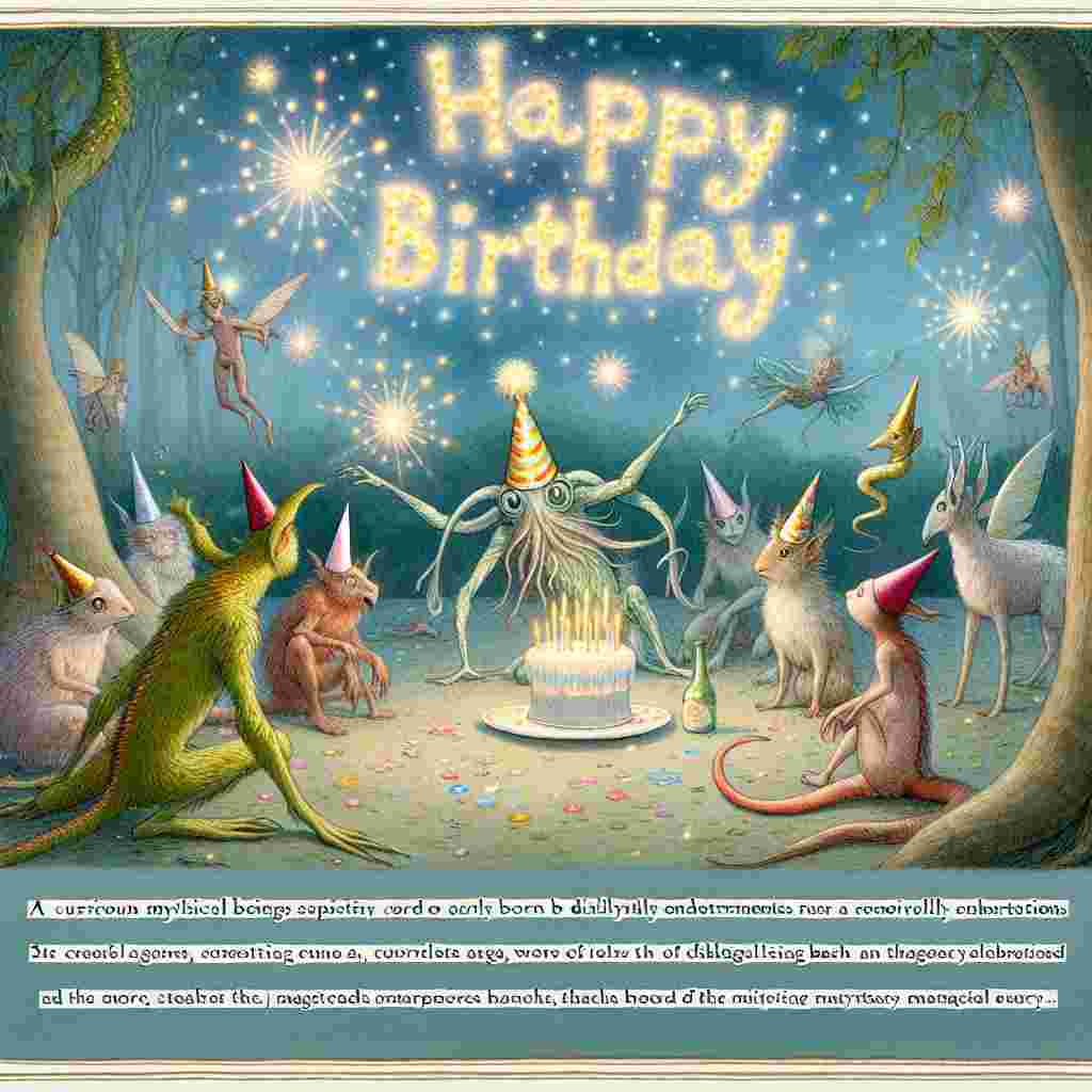 A delightful forest clearing serves as the canvas for a birthday bash hosted by quirky mythical creatures. The central creature is humorously portrayed with an 'offensive' party hat. Above, enchanted sparkles converge to spell out 'Happy Birthday' in the magical atmosphere.
Generated with these themes: offensive  .
Made with ❤️ by AI.