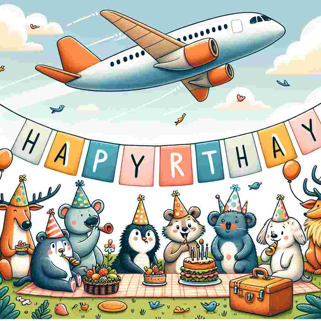 A whimsical drawing depicts a group of anthropomorphic animals having a picnic. They're wearing silly hats and blowing party horns. In the sky above, an airplane pulls an 'offensive' banner with the words 'Happy Birthday' written in bold, cheerful letters.
Generated with these themes: offensive  .
Made with ❤️ by AI.