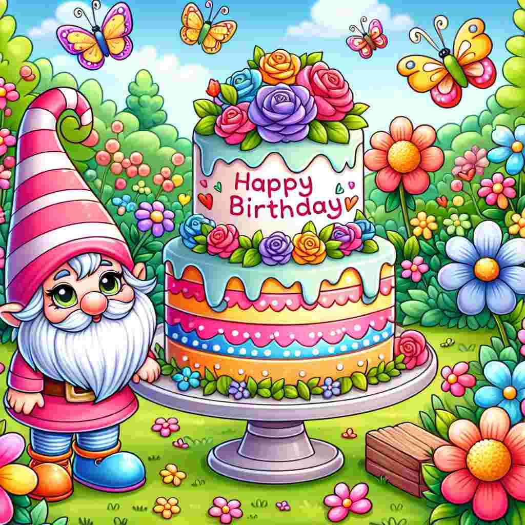 An illustrated scene features a cozy, cartoonish garden. A cheeky gnome stands beside a vibrantly colored, 'offensive' joke-themed cake, with 'Happy Birthday' frosted eccentrically atop. Butterflies and flowers add to the cuteness around the festive setup.
Generated with these themes: offensive  .
Made with ❤️ by AI.