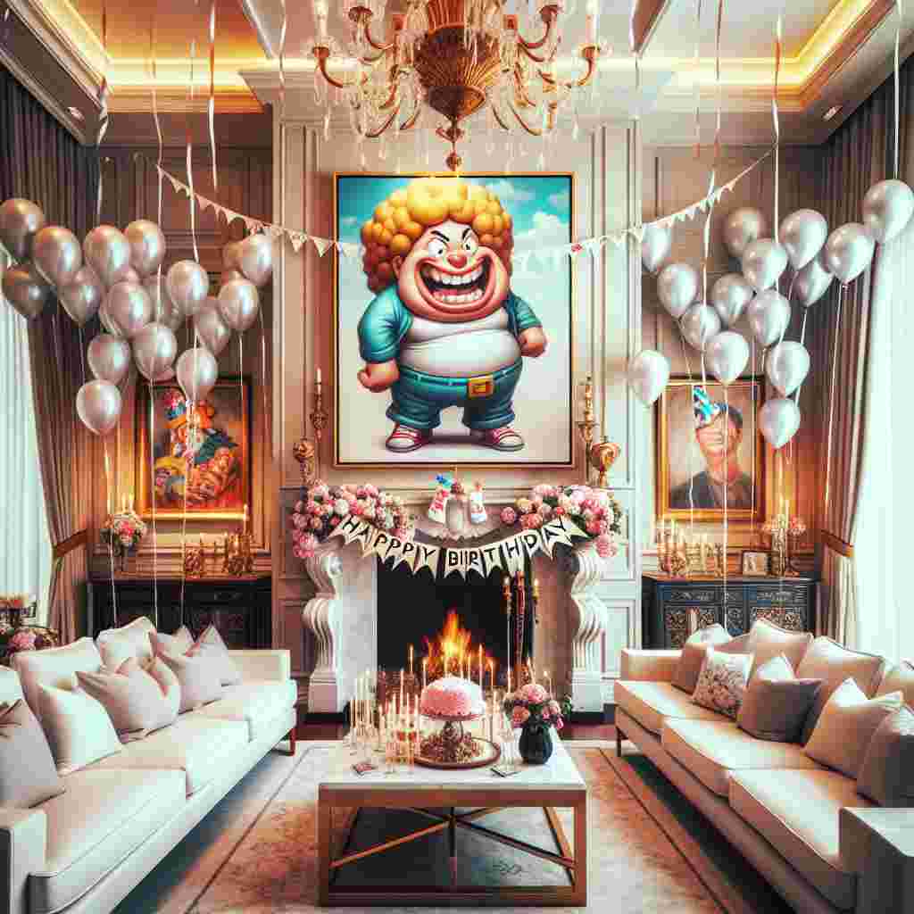 The picture shows a beautifully decorated living room with balloons and streamers draping from the ceiling. A large, offensively funny caricature painting of the birthday person sits above the fireplace. The scene is completed by a banner across the wall reading 'Happy Birthday' amidst fits of laughter from guests.
Generated with these themes: offensive  .
Made with ❤️ by AI.