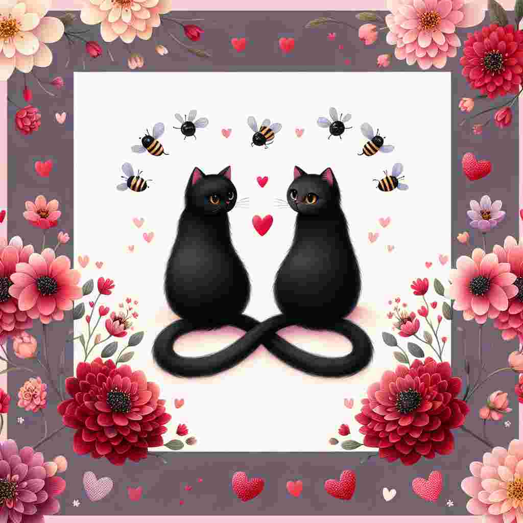 Create a heartwarming illustration featuring a pair of black cats with their tails entwined, forming a heart shape. Use St bees as the backdrop, their vibrant petals contrast with the cats' glossy black fur. Frame the scene with a heart-shaped border filled with soft shades of red and pink. Furthermore, incorporate tiny hearts floating in the background to encapsulate the essence of Valentine's Day.
Generated with these themes: 2 black cats, and St bees.
Made with ❤️ by AI.