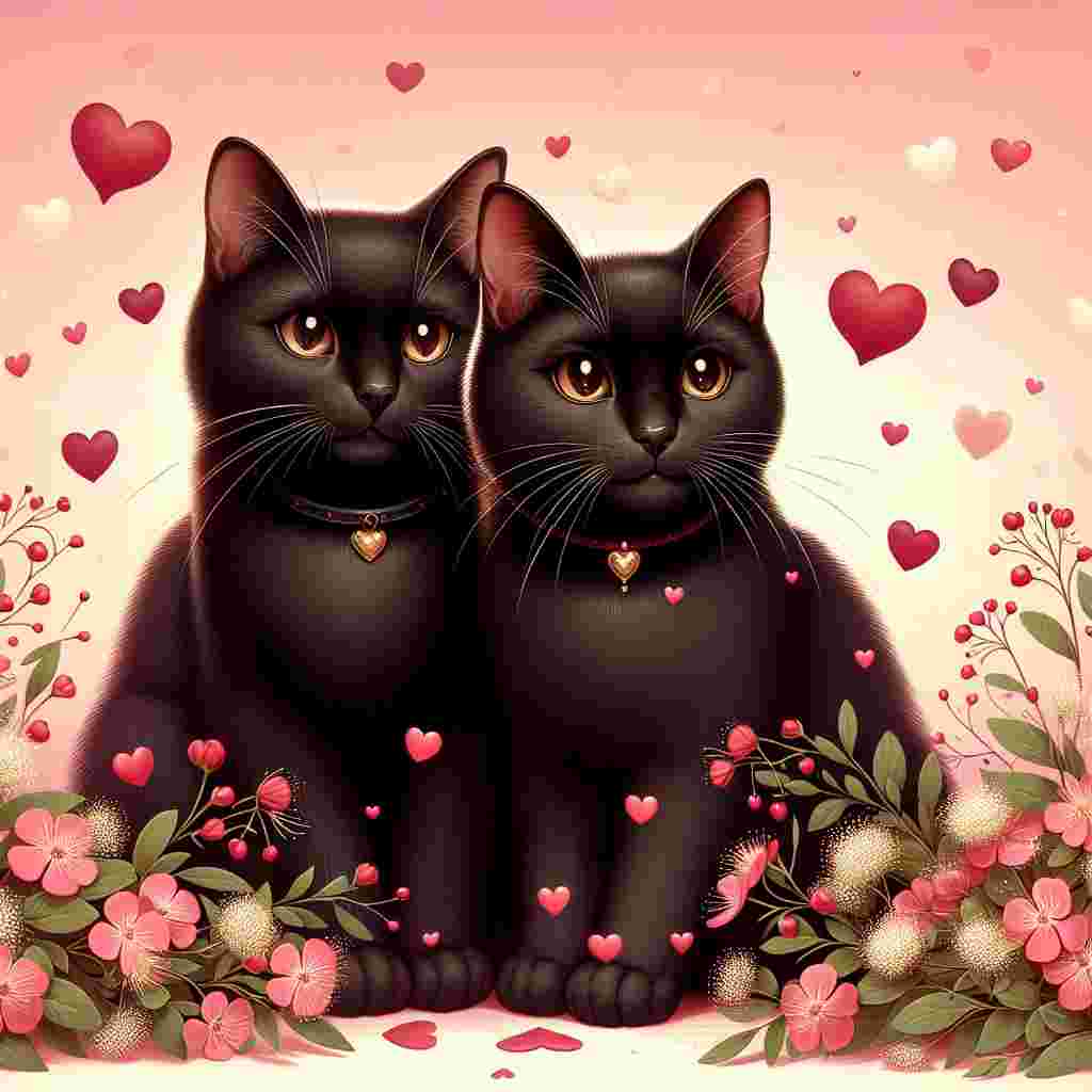 Create an image set against a soft pink background featuring two affectionate black cats with warm, loving eyes. They are sitting close together, surrounded by a flurry of red and white hearts that reflect the romantic atmosphere. In the foreground, a delicate bouquet of St John's wort adds a touch of elegance to the scene. Subtle accents of gold on the cats' collars and the flowers highlight the romance and affection synonymous with Valentine's Day.
Generated with these themes: 2 black cats, and St bees.
Made with ❤️ by AI.