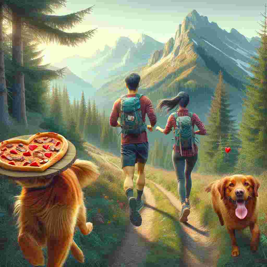 A peaceful and realistic representation of Valentine's Day in the heart of nature. An Asian male and a Caucasian female are trail running through a thick forest, making their way up on the rough trails of the nearby mountains. Leading the way is their enthusiastic duck-tolling retriever, effortlessly showcasing its route-finding skills. The day's adventure concludes at a breathtaking viewpoint where the grandiose scenery stretches out before them. They share a rustic pizza, each bite representing their mutual adoration for wilderness adventures while the profound silence of the forest underscores their heartfelt celebration.
Generated with these themes: Mountains and forests, trail running, climbing, duck-tolling retriever, pizza.
Made with ❤️ by AI.