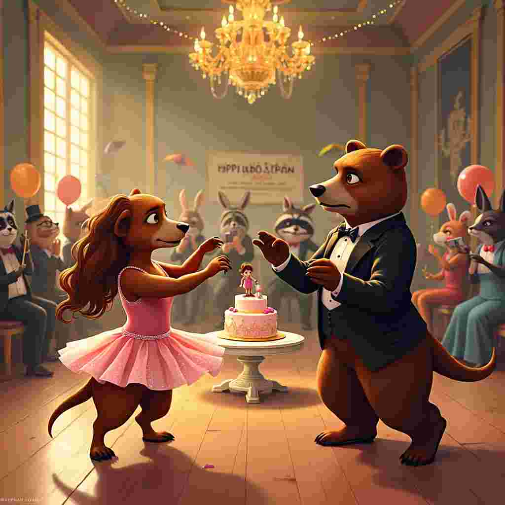 Sure thing! Let's dive into this whimsical birthday scene:

In the center of the card, we have a grand ballroom with glittering chandeliers hanging from the ceiling, casting a warm, golden glow over the entire room. On the polished wooden floor, there is an elegantly dressed female sausage dog ballerina named "Daisy." Daisy is poised on her hind legs, wearing a sparkling pink tutu adorned with tiny rhinestones, her long, brown, silky hair cascading in curls down her back. Her little front paws are delicately positioned as if she’s mid-pirouette. 

Opposite her, we have a charming male bear named "Bruno," dressed in a sophisticated black tuxedo with a satin bow tie. Bruno's slicked-back brown hair gleams under the lights, giving him a dapper, almost James Bond-like appearance. He's standing on two legs, his large paws outstretched as he prepares to catch Daisy in a dance move, with a comically serious expression on his face.

Behind them, a beautifully decorated birthday cake sits on an ornate, round table, layered with rich, creamy frosting and topped with a figurine of Daisy and Bruno dancing. The cake has an inscription in icing that reads, "Happy Birthday, Girlfriend!" 

To the side, a small orchestra of cartoonish animals dressed in formal wear is playing lively music. The violinist is a raccoon with a tiny top hat, and the cellist is a rabbit with round glasses. Streamers and balloons in vibrant colors hang from the ceiling, and a banner above them reads, "Time to Dance and Romance!"

As a humorous touch, a speech bubble from Daisy reads, "Let’s tango, big guy!" while Bruno's bubble says, "I'll try not to step on your paws, love."

In the background, party guests (a mix of other anthropomorphic animals in quirky outfits) are cheering and clapping, with a few capturing the moment on their phones. Some guests are holding drinks with little cocktail umbrellas, adding to the festive atmosphere.

This detailed scene tells a charming story of a birthday celebration, with elements of dance, romance, and humor brought to life by our main characters, Daisy the sausage dog ballerina and Bruno the slick-haired bear.
Generated with these themes: Female sausage dog ballerina dancing with male bear, Joke , Adult humour , Look more human , Happy birthday , Girlfriend , Bear has slick back brown hair, and Dog has long brown hair .
Made with ❤️ by AI.