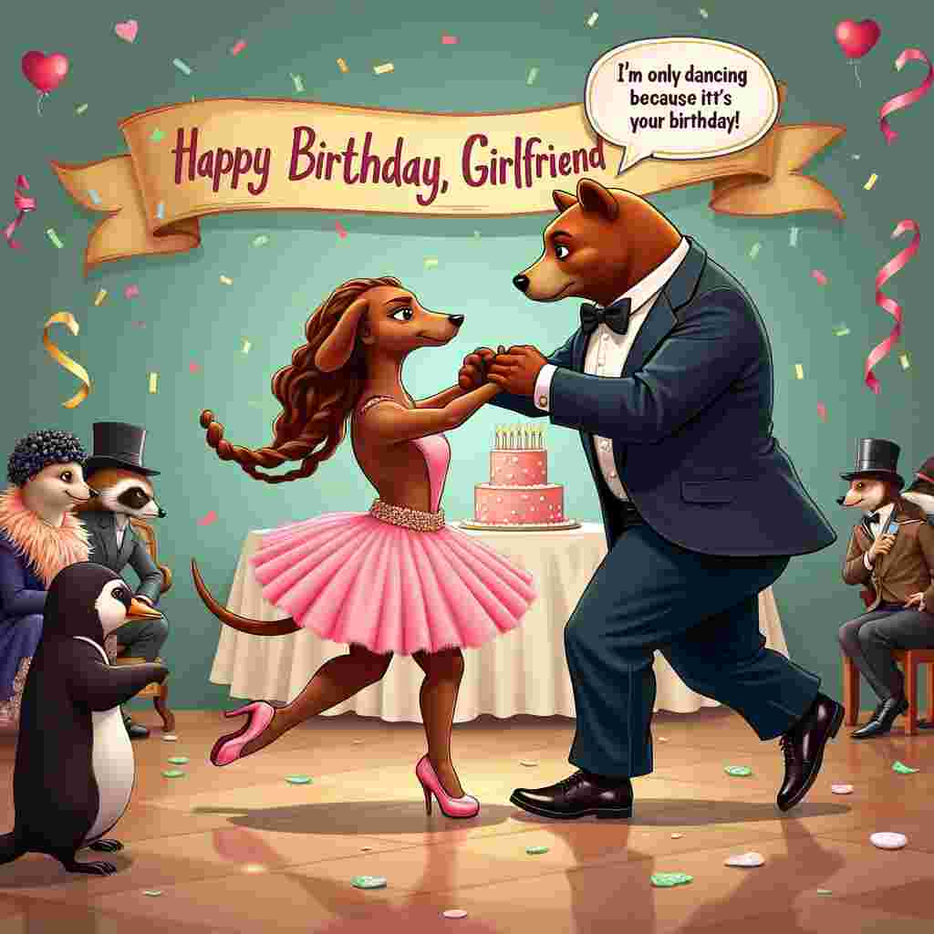 On the front cover of the birthday greeting card, imagine a whimsical, vividly detailed ballroom setting where a curvaceous female sausage dog ballerina and a burly male bear share the spotlight in a hilarious dance duet. The sausage dog, with her long, flowing brown hair styled into an elaborate bun, wears a pink tutu and ballet slippers, her stubby legs and elongated body making her pirouettes comically endearing. Her expression is one of intense concentration, as if she’s giving the performance of her life. The male bear, towering over her, sports slicked-back brown hair, a tiny black bowtie, and an ill-fitting tuxedo that strains at the seams due to his massive frame. His furry feet are clad in oversized, shiny black dress shoes, which makes his clumsy dance steps even more humorous. 

In the background, a large birthday banner reads "Happy Birthday, Girlfriend!" in colorful, glittering letters. On one side of the ballroom, a table is laden with an extravagant birthday cake shaped like a giant ballet slipper, adorned with candles. Around the table, anthropomorphic partygoers, including a raccoon in a top hat and monocle, and a penguin in a feather boa, watch the dance with amused expressions. 

On the floor near the dancing duo, a speech bubble coming from the bear reads, "I'm only dancing because it's your birthday!" while the sausage dog rolls her eyes in mock annoyance. The scene is detailed down to the parquet flooring of the ballroom, which has a polished shine, reflecting the quirky couple’s dance moves. Confetti and streamers are scattered around, adding to the festive chaos. The humorous, slightly risqué undertone is evident, yet playful, perfect for an adult birthday card.
Generated with these themes: Female sausage dog ballerina dancing with male bear, Joke , Adult humour , Look more human , Happy birthday , Girlfriend , Bear has slick back brown hair, and Dog has long brown hair .
Made with ❤️ by AI.