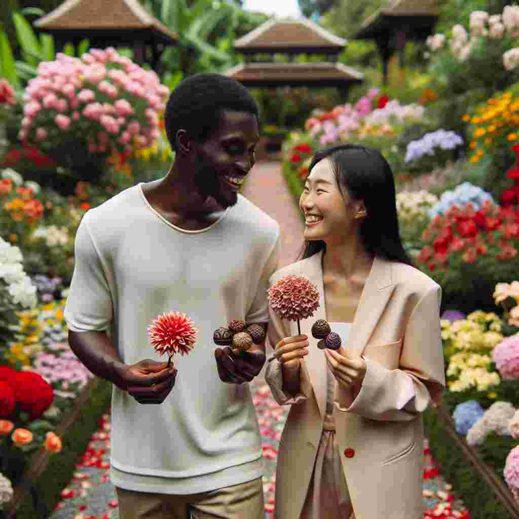 An Asian male and a Black female couple are strolling through a picturesque garden adorned with vibrant and diverse flowers. The path they traverse is embellished with scattered petals. They jovially exchange views about which flowers are the most beautiful. Each holds a meticulously made artisan chocolate, designed to mimic the exact blossoms they discuss. The essence of the garden brings a light-hearted tone to their Valentine's Day romance, imbuing their tender expressions of love with the serene, joyful simplicity of the natural world around them.
Generated with these themes: Flowers , Chocolates, and Garden.
Made with ❤️ by AI.